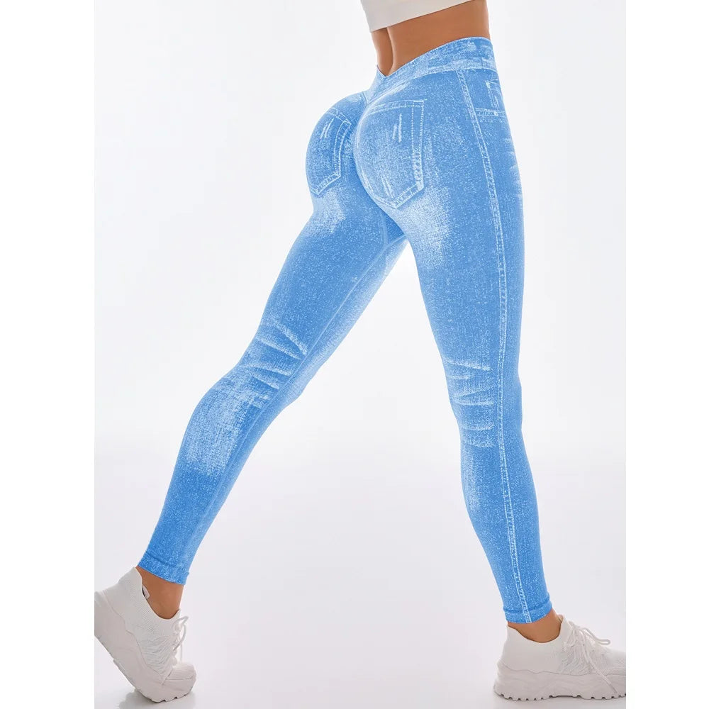 Women's Denim Look Full Length Leggings For Workout Outfits