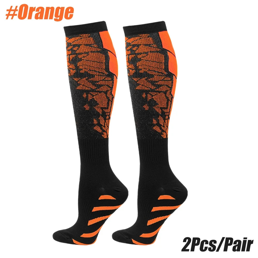 Patterned Knee High Compression Socks with Contrasting Panels