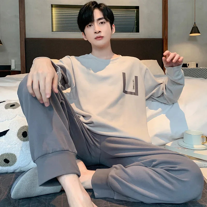 Men's Printed Long Sleeve Crew Neck Top and Pants Pajama Set
