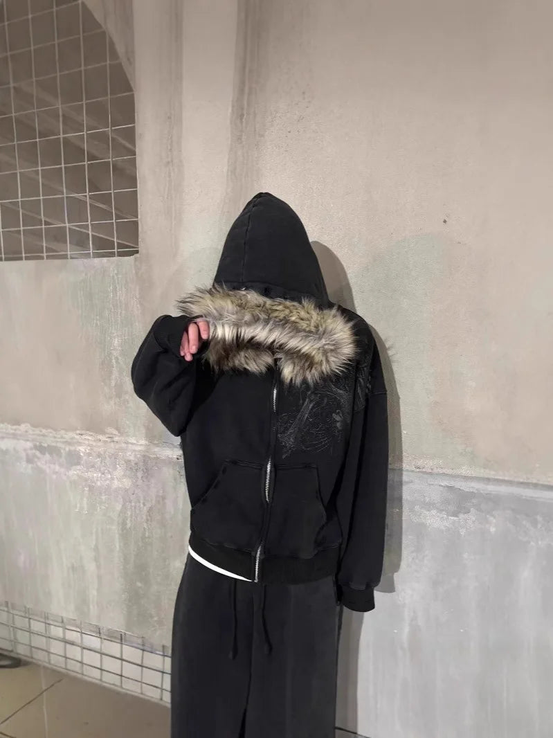 Fluffy Trim Long Sleeve Full Zip Casual Hoodie