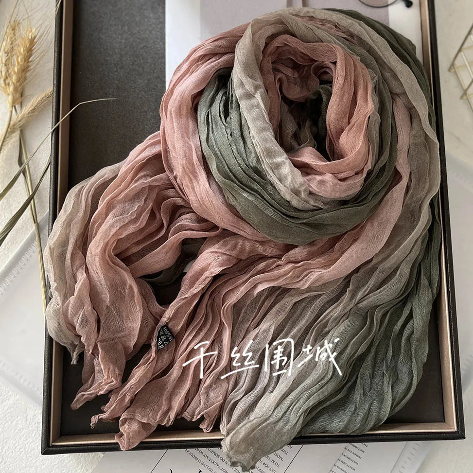 Gradient Crinkled Long Scarf with Rectangular Wrap Shape