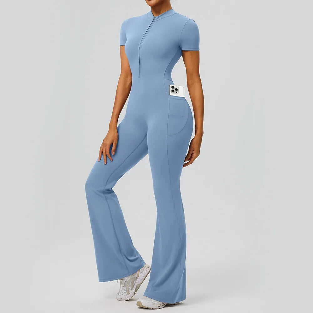 Women's Short Sleeve Nylon Blend Flared Workout Jumpsuit with Front Zip