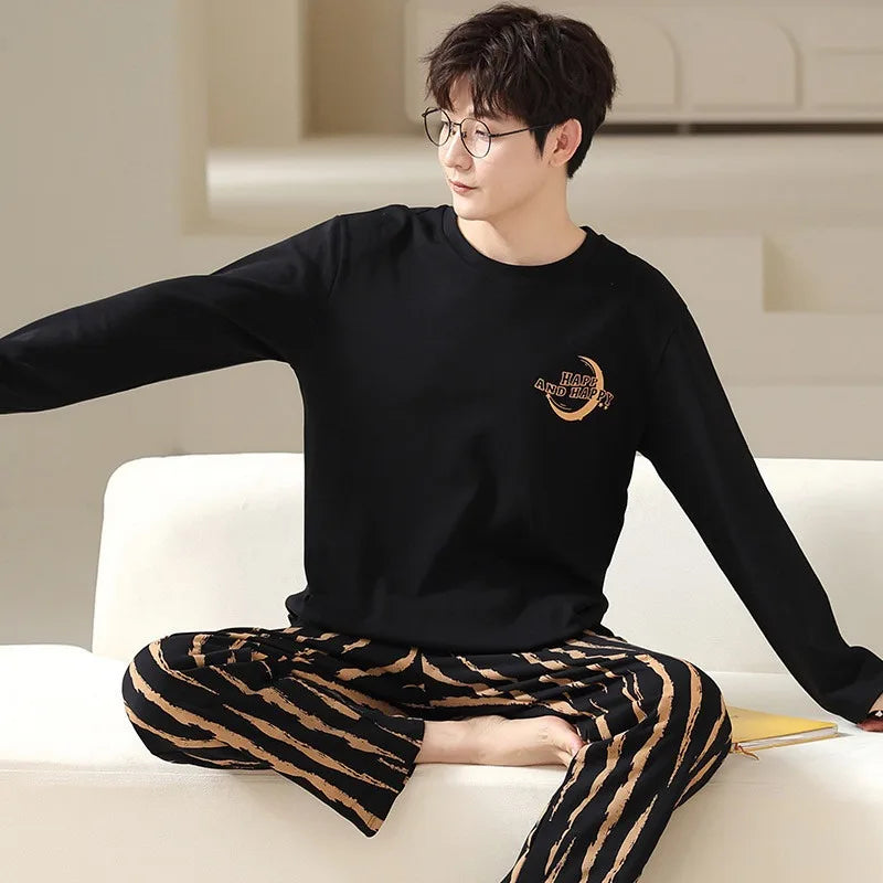 Men's Long Sleeve Pocket Top and Striped Pants Pajama Set