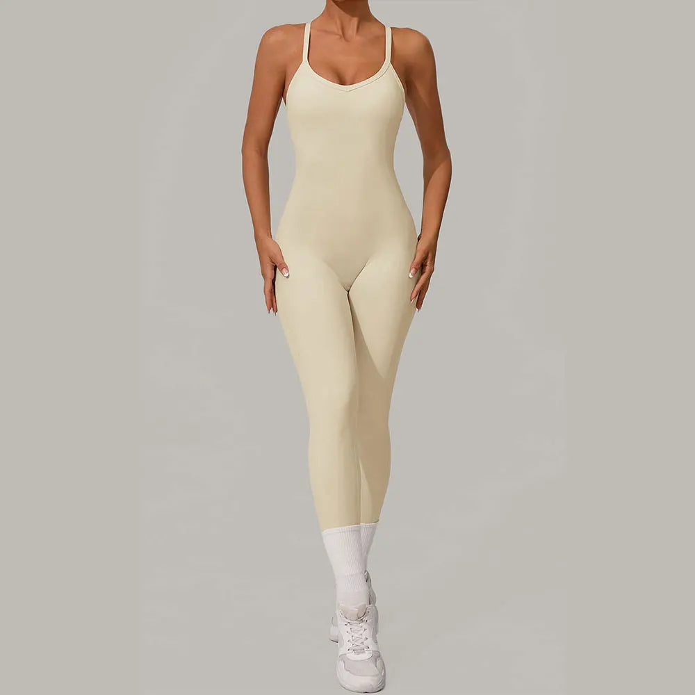 Women's Thin Strap Workout Jumpsuit with Crisscross Back and Fitted Legs