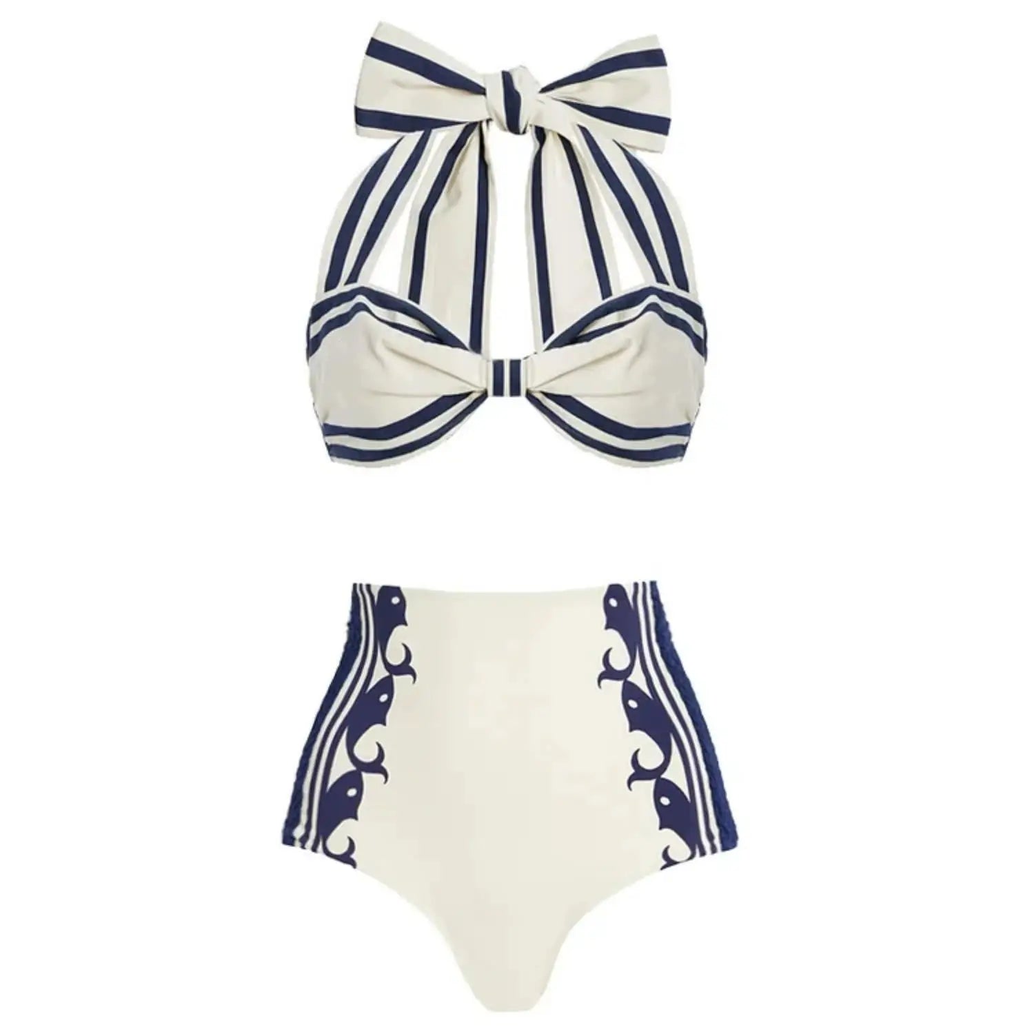 Striped Cutout One-Piece Swimsuit with Long Skirt