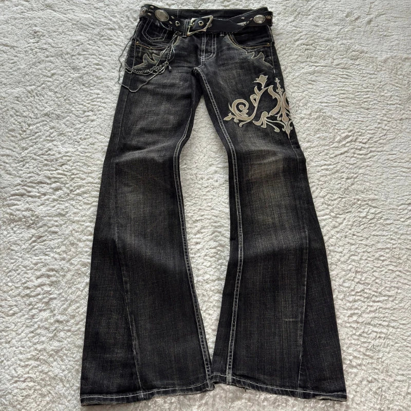 Women's Black Embroidered Flared Leg Denim Jeans For Everyday Outfits