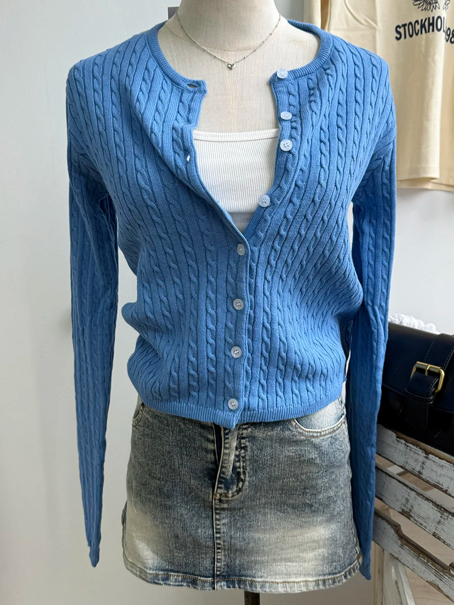 Women's Round Neck Button Front Cardigan Casual Knit Layer