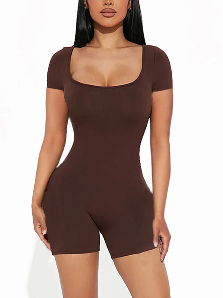 Women's Square Neck Short Sleeve Romper with Fitted Short Legs