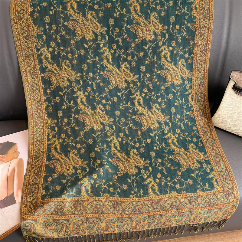 Paisley Floral Print Long Scarf with Fringed Ends