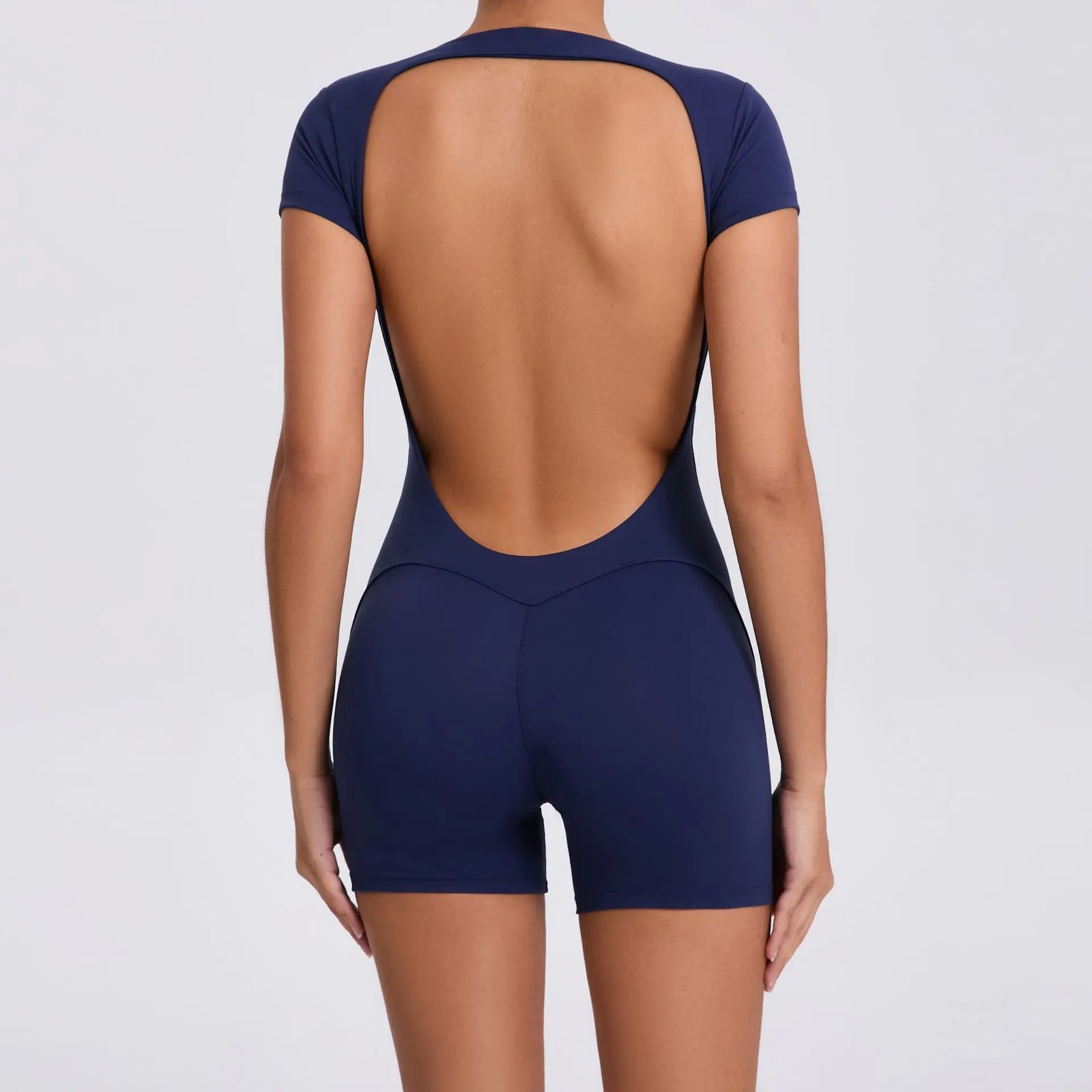 Women's Short Sleeve Nylon Blend Workout Romper with Scoop Neck and Low Back