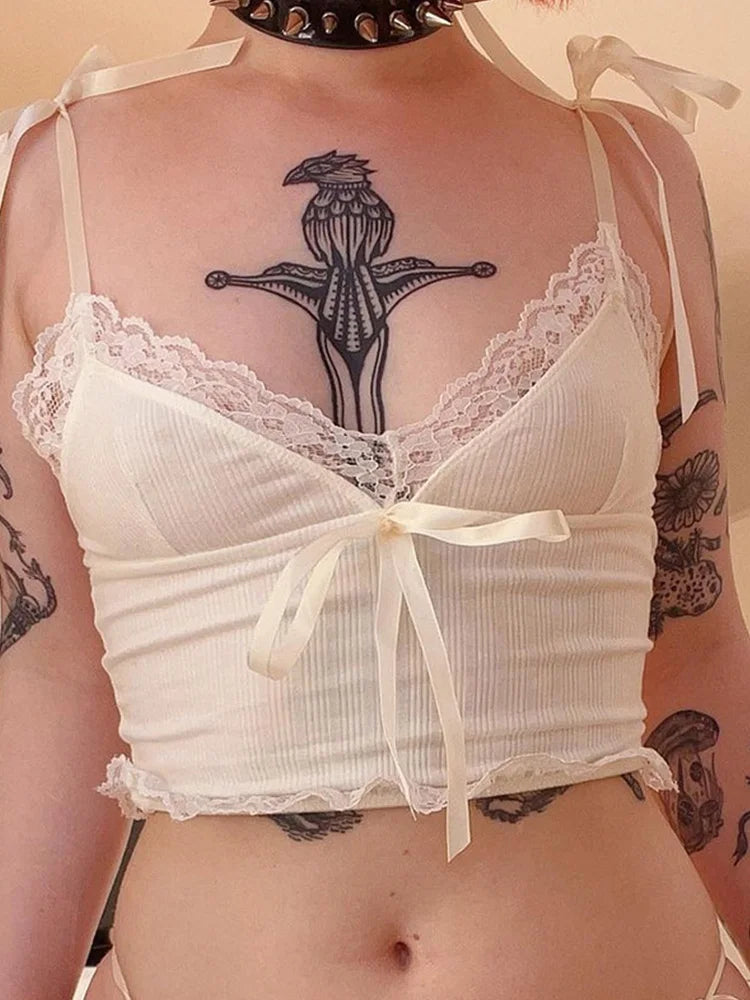 Women's Lace Trim Crop Top with Bow Detail and Thin Shoulder Straps