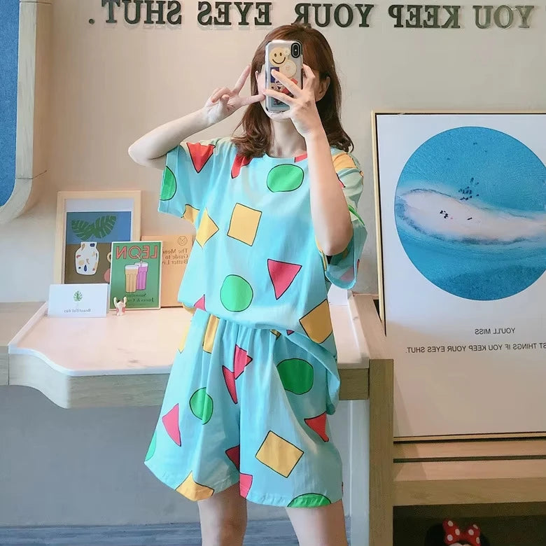 Women's Geometric Print Short Sleeve Pajama Set with Top and Shorts
