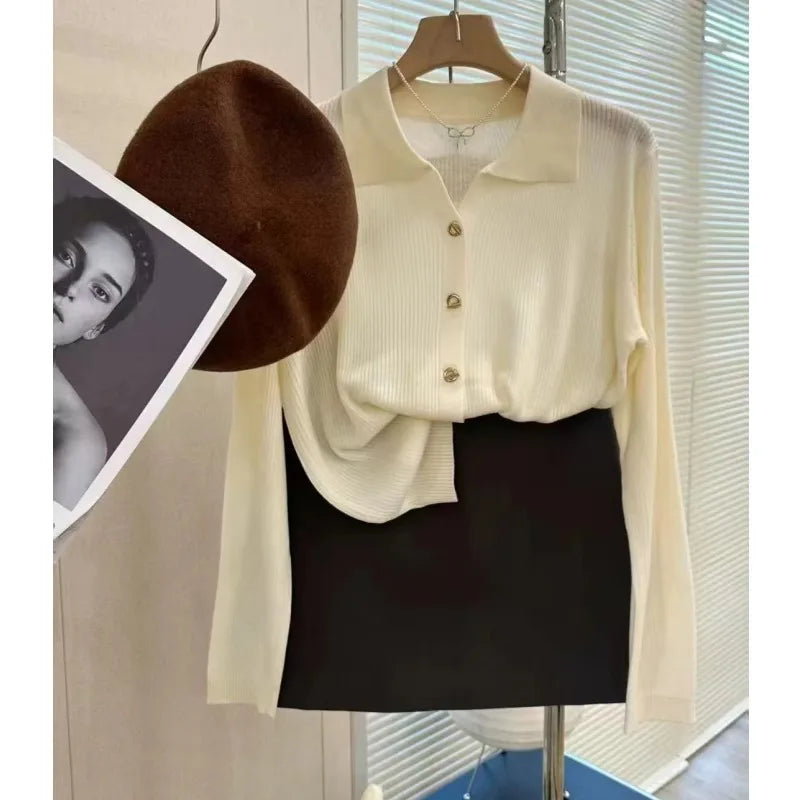 POLO lapel cashmere knit cardigan women's spring and autumn thin loose sweater short wool coat