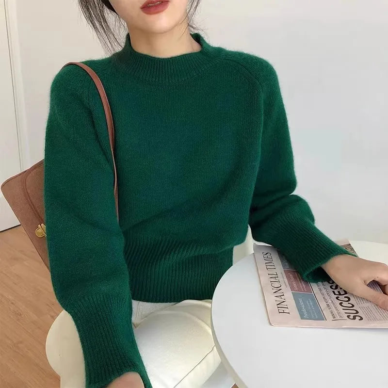 Pure wool retro sweater crewneck pullover short knitwear women's top trend