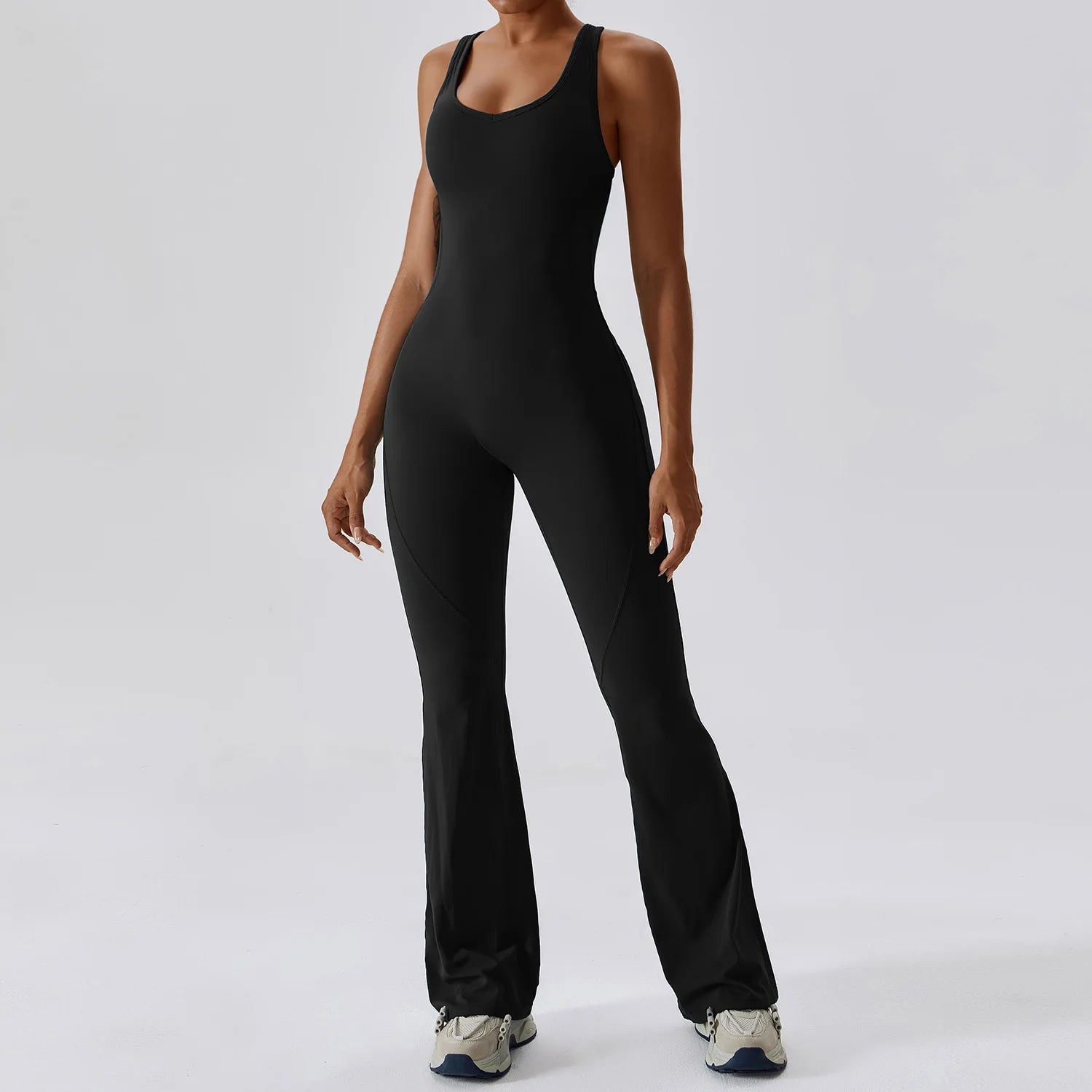 Women's Open Back Nylon Blend Flared Workout Jumpsuit with Tank Top