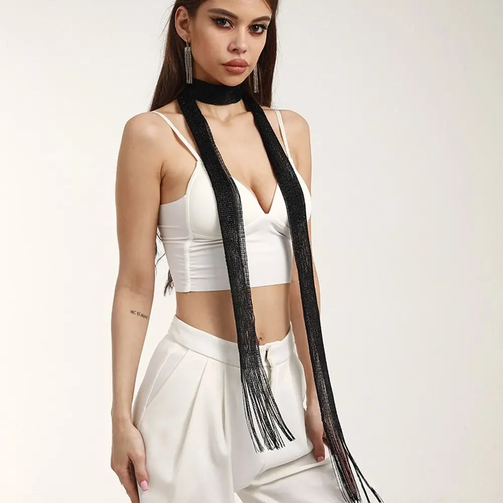 Sheer Long Narrow Scarf with Shimmer and Tassel Ends