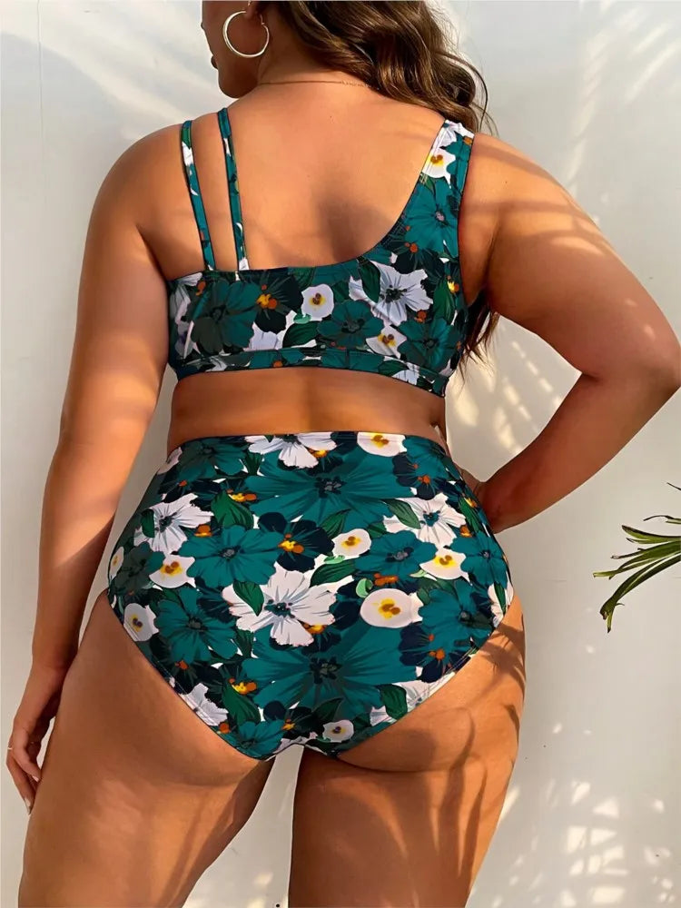 Women's Floral Print V Neck Top and High Waist Bikini Set