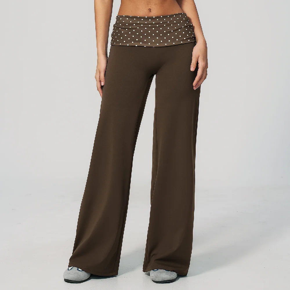 Women's Patterned Fold Over Waist Wide Leg Workout Pants with Flared Shape