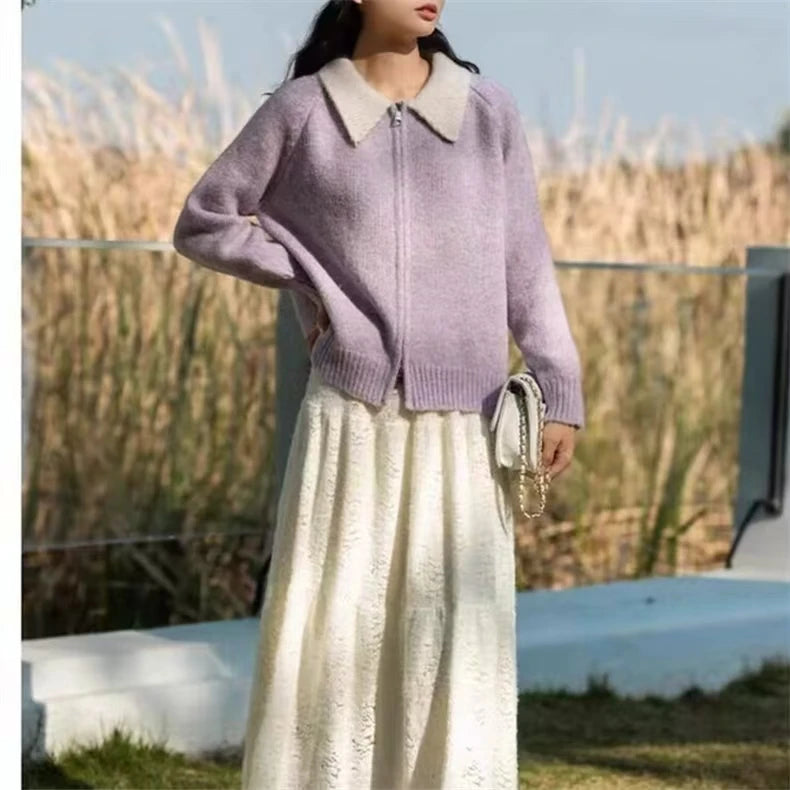 Color-blocked lapel 100% cashmere cardigan women's knitted sweater Loose sweater Wool sweater coat