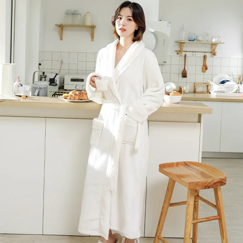 Fleece Lapel Collar Long Sleeve Tie Waist Homewear Bathrobe