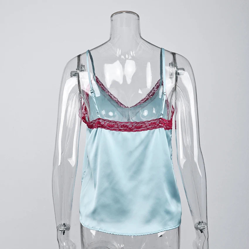 Women's V-Neck Camisole with Contrasting Lace Trim and Spaghetti Shoulder Straps