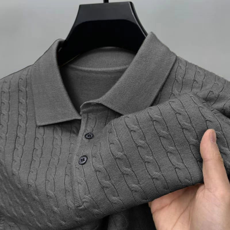 Men's Cable Knit Polo Collar Long Sleeve Sweater