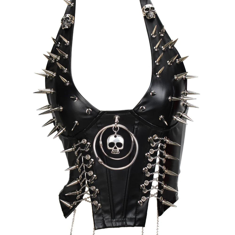 Women's Studded Crop Top with Decorative Spikes and Lace-Up Side Detailing