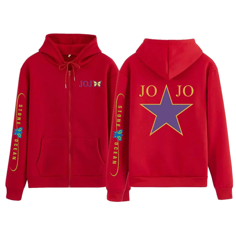 Star-Graphic Loose-Fit Long-Sleeve Zip-Front Hoodie