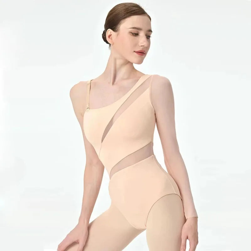 Women's Asymmetric Mesh Ballet Leotard with Diagonal Bodice and Long Sleeve
