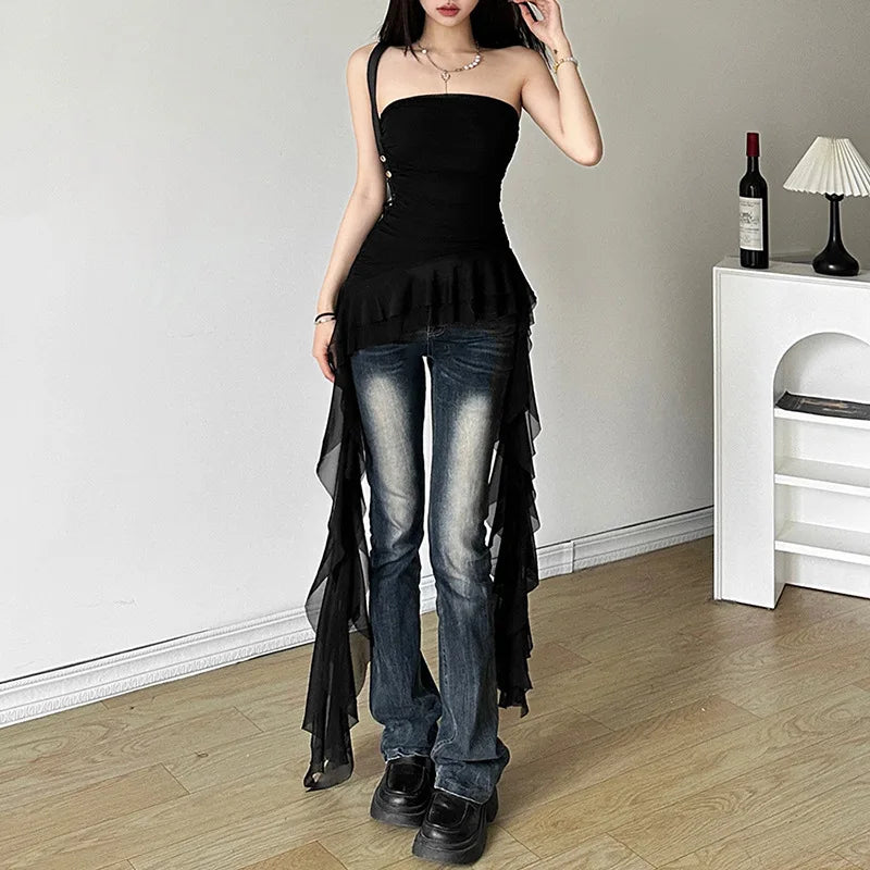 Women's Strapless Polyester Blend Ruched Top with Long Asymmetric Tassel Hem