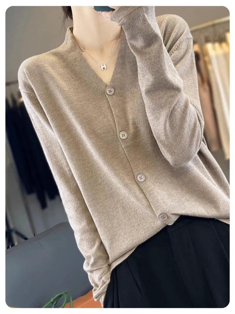 Light luxury retro style! V-neck pure cashmere knit cardigan women's autumn and winter loose wool top bottom sweater coat