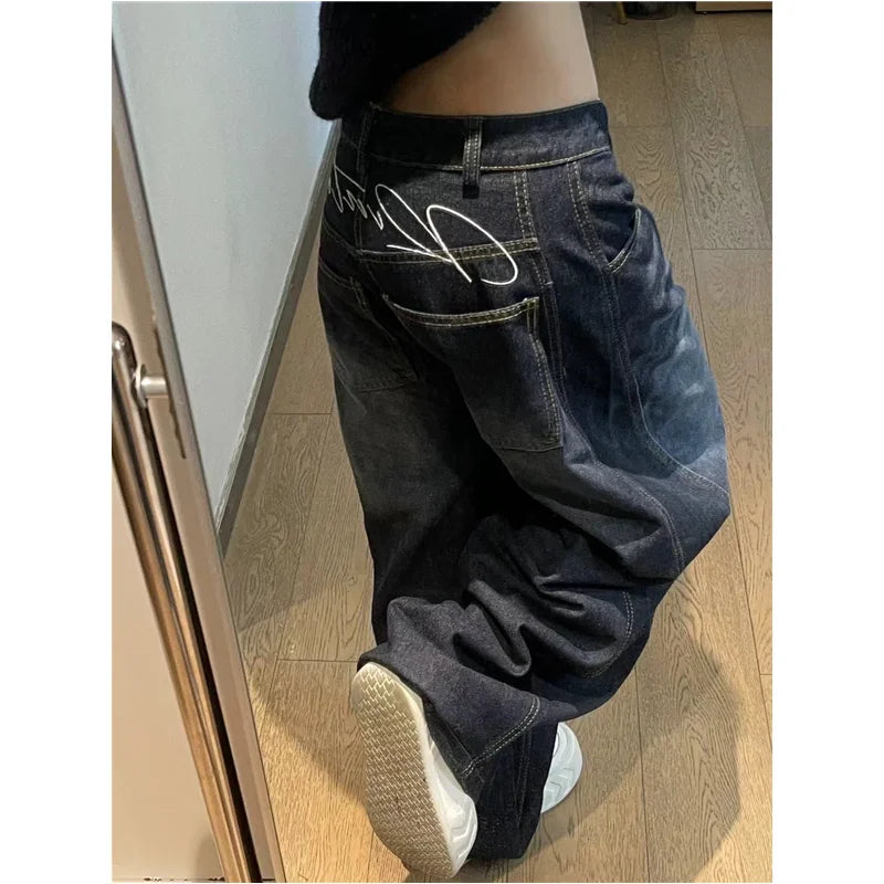 Women's Washed Black Baggy Wide Leg Denim Jeans