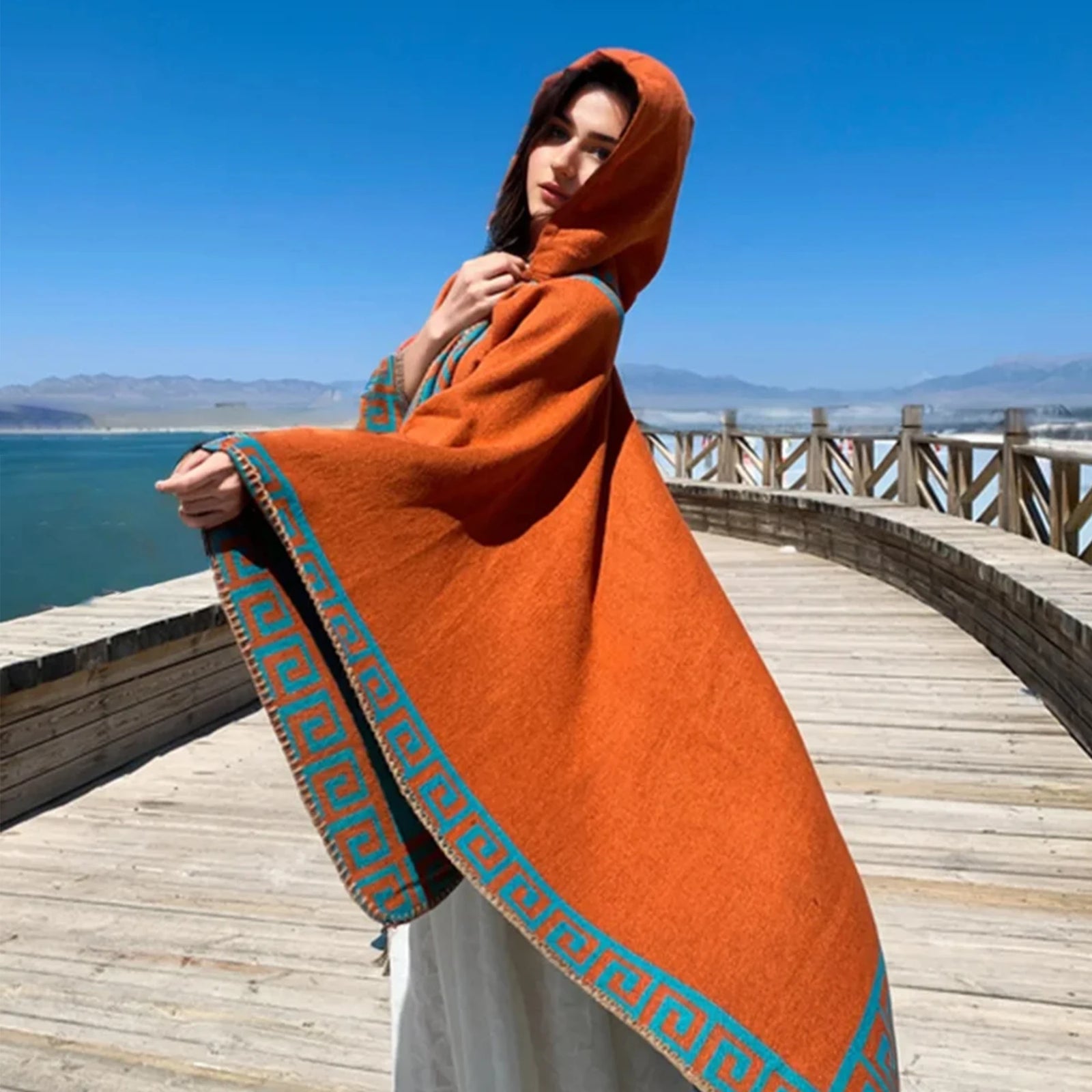 Hooded Geometric Border Poncho for Layering over Outfits