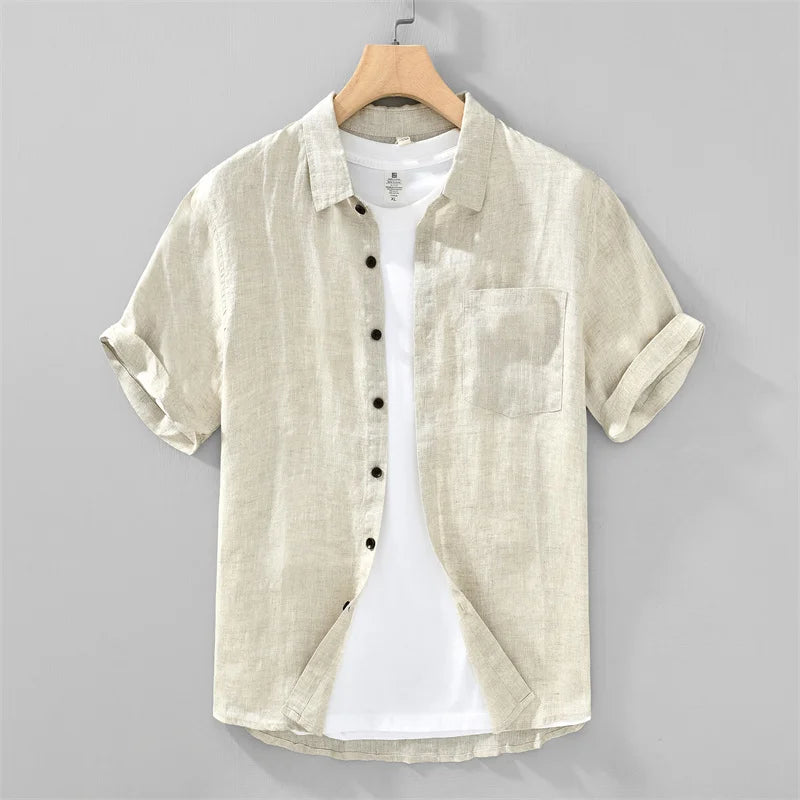 Men's Linen Short-Sleeve Collared Button-Up Shirt with Chest Pocket for Summer Outfits