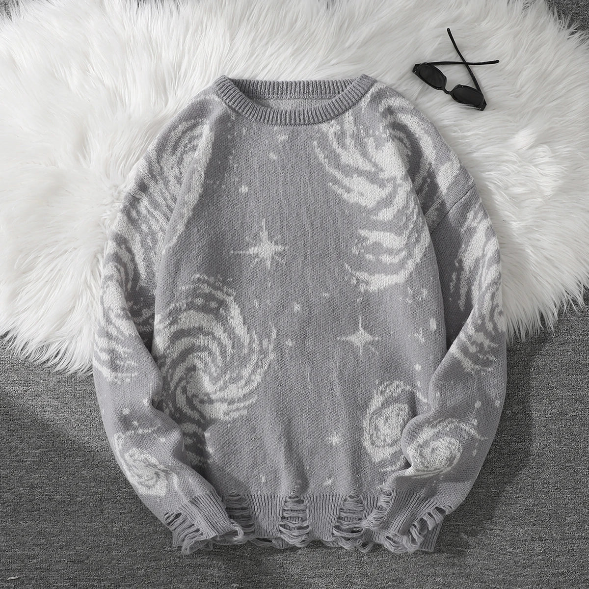 Men's Distressed Graphic Crew Neck Knit Sweater