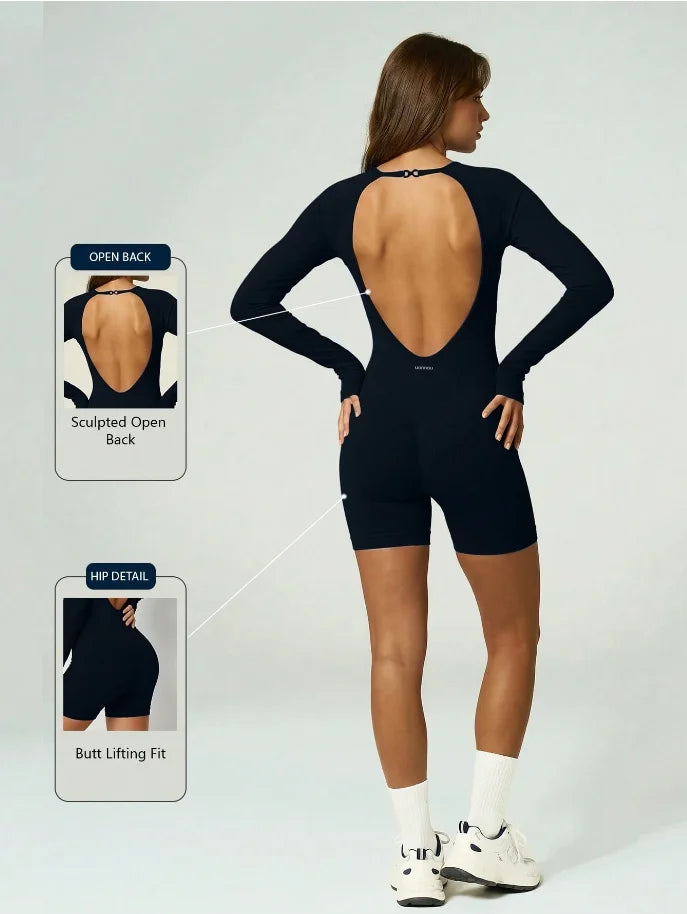 Women's Open Back Long Sleeve Nylon Blend Romper for Workouts