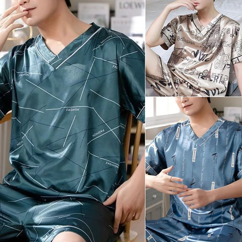 Men's Printed Short Sleeve Button Neck Top and Shorts Pajama Set