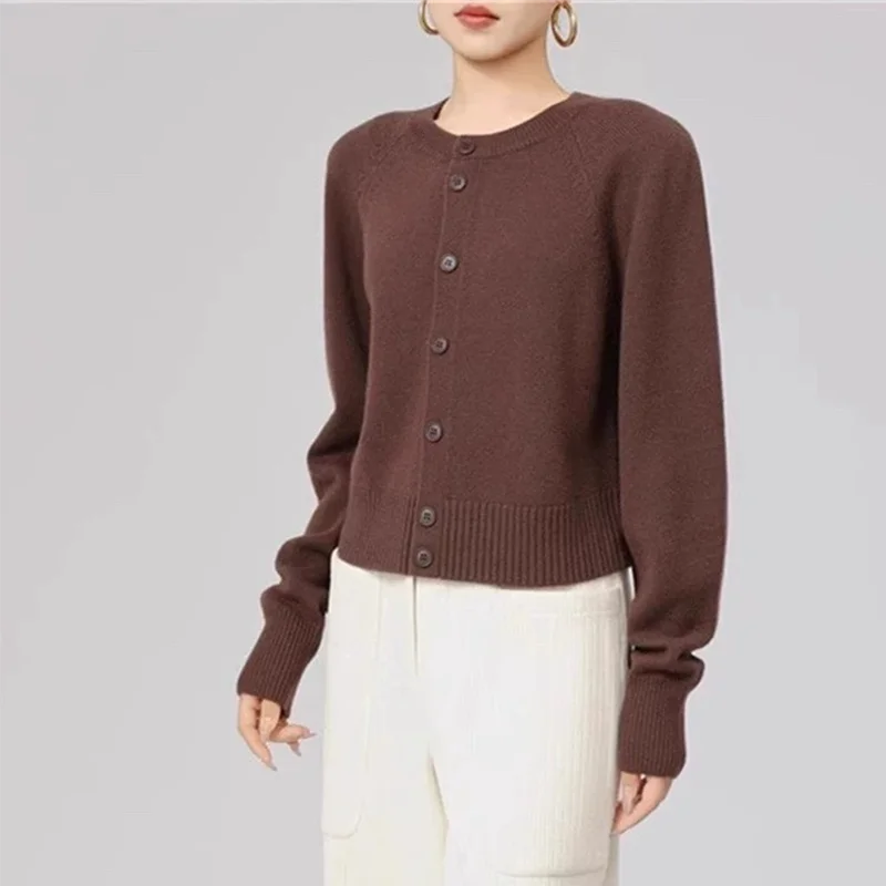 Autumn/Winter round-neck 100% wool knitted sweater cardigan women's coat long-sleeved top