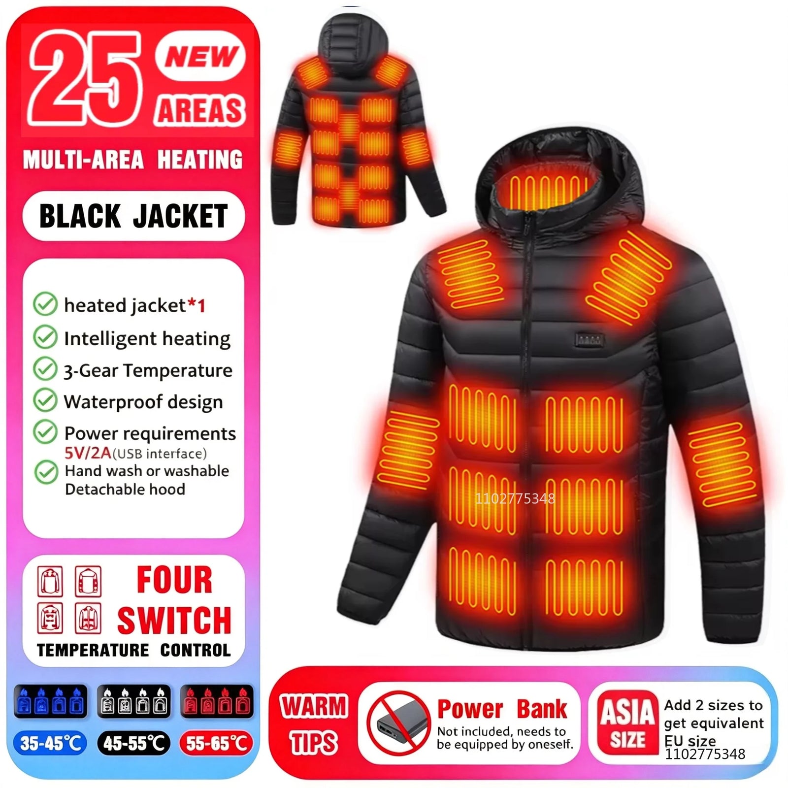 USB Heated Hooded Full Zip Long Sleeve Outdoor Jacket