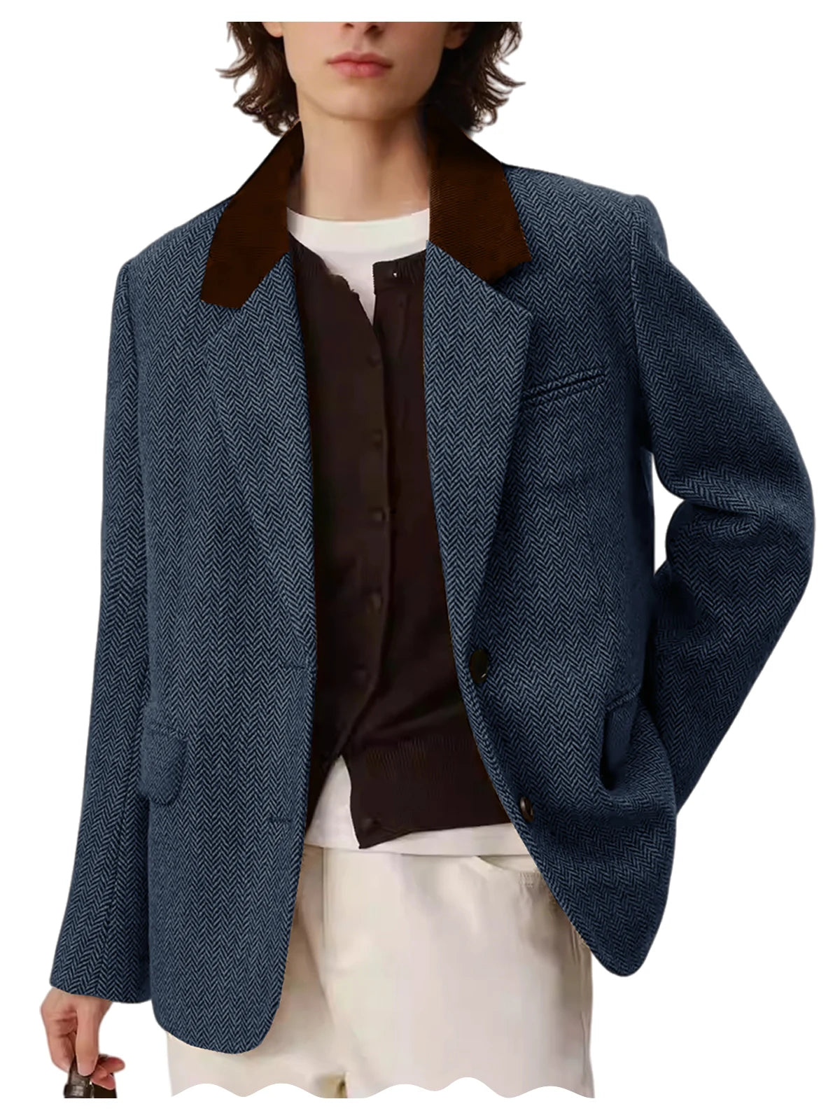 Men's Herringbone Two-Button Notch-Lapel Blazer with Contrast Collar