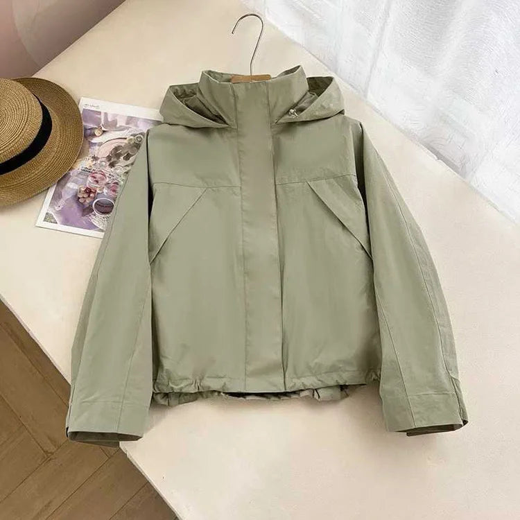 Women's Hooded Zip Front Drawstring Hem Jacket for Layered Outfits