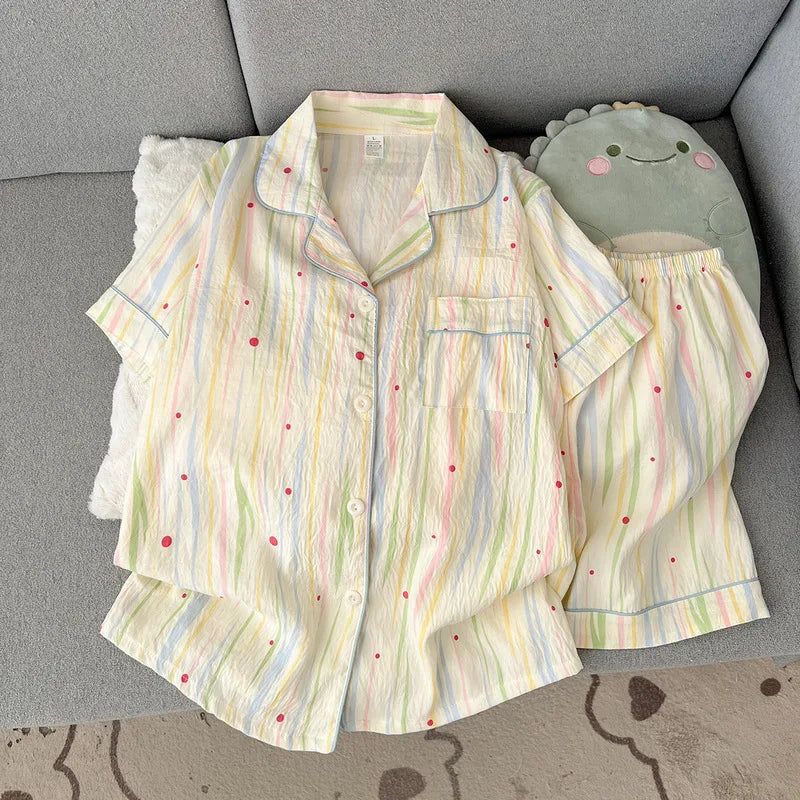 Women's Printed Short Sleeve Button Front Pajama Set with Top and Shorts