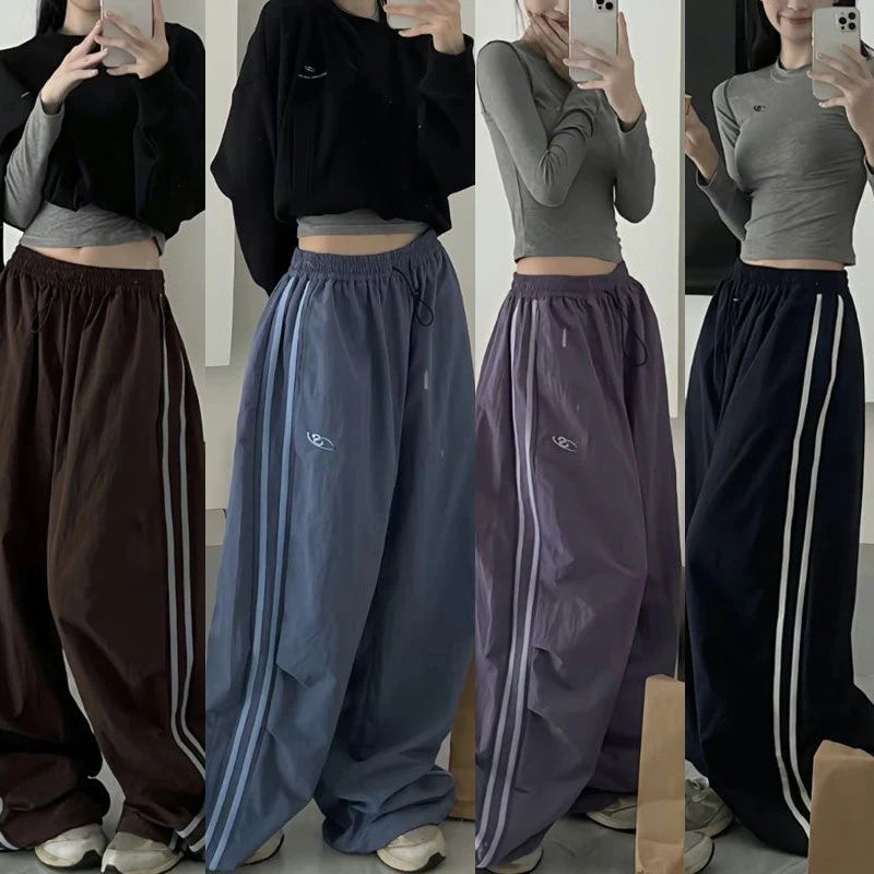 Women's Wide Leg Drawstring Pants with Contrast Side Stripes