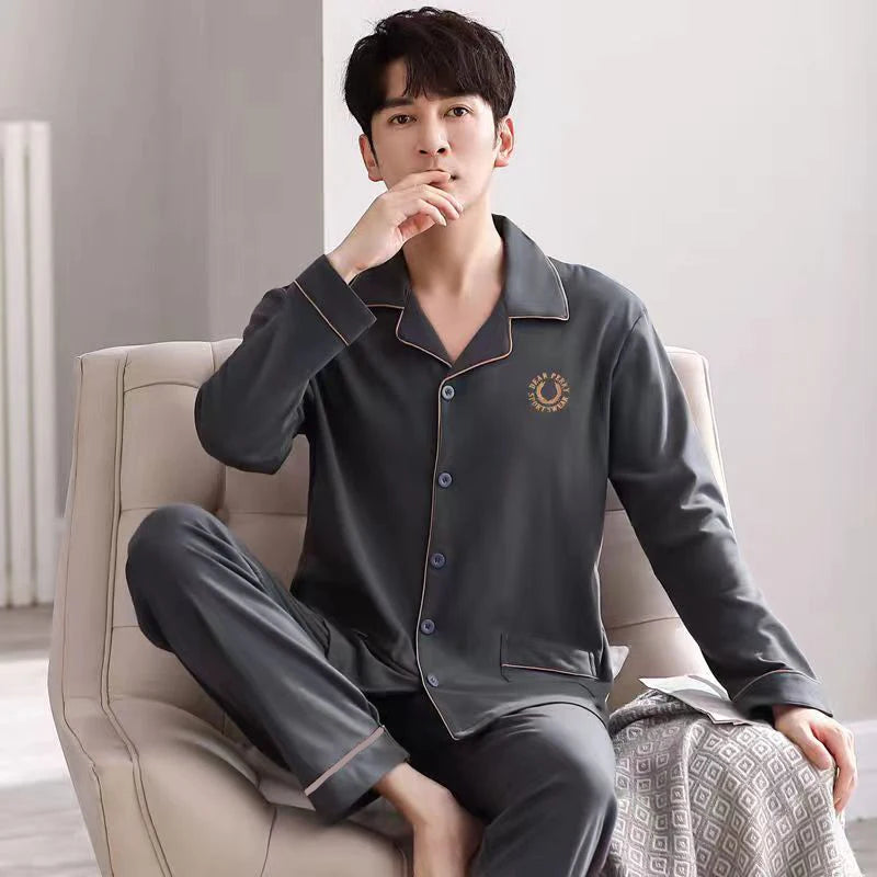 Men's Printed Button Front Long Sleeve Shirt and Pants Pajama Set