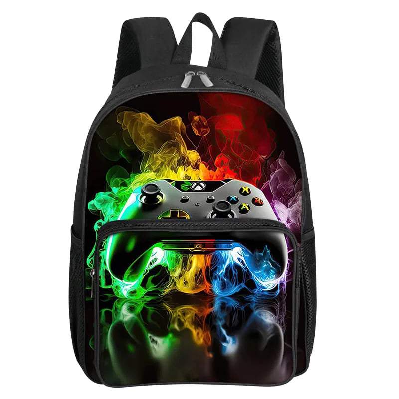 Children's Gamepad Print Backpack with Front Pocket and Twin Shoulder Straps