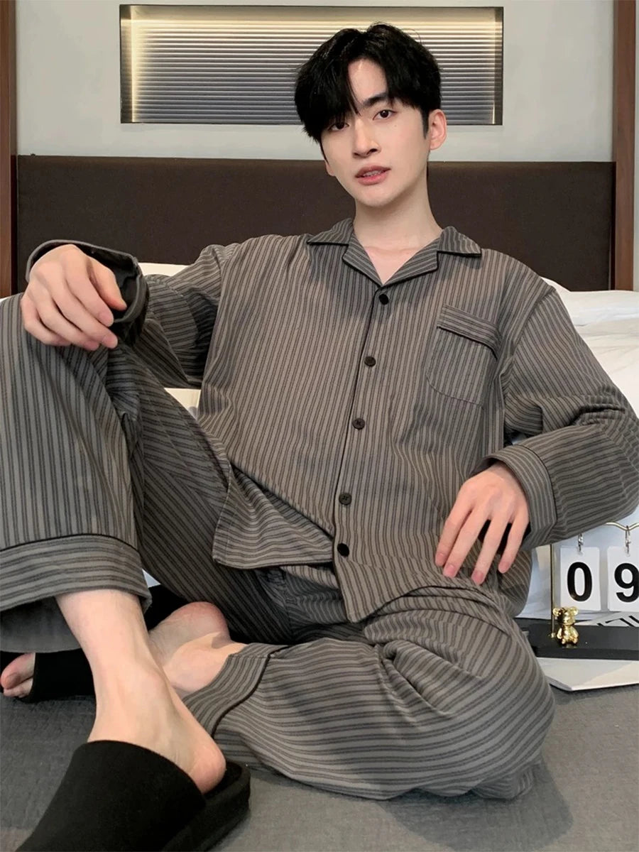 Men's Printed Button Front Long Sleeve Shirt and Pants Pajama Set