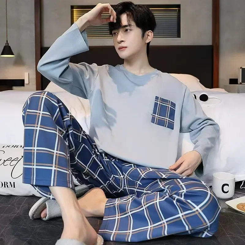 Men's Long Sleeve Pocket Top and Striped Pants Pajama Set