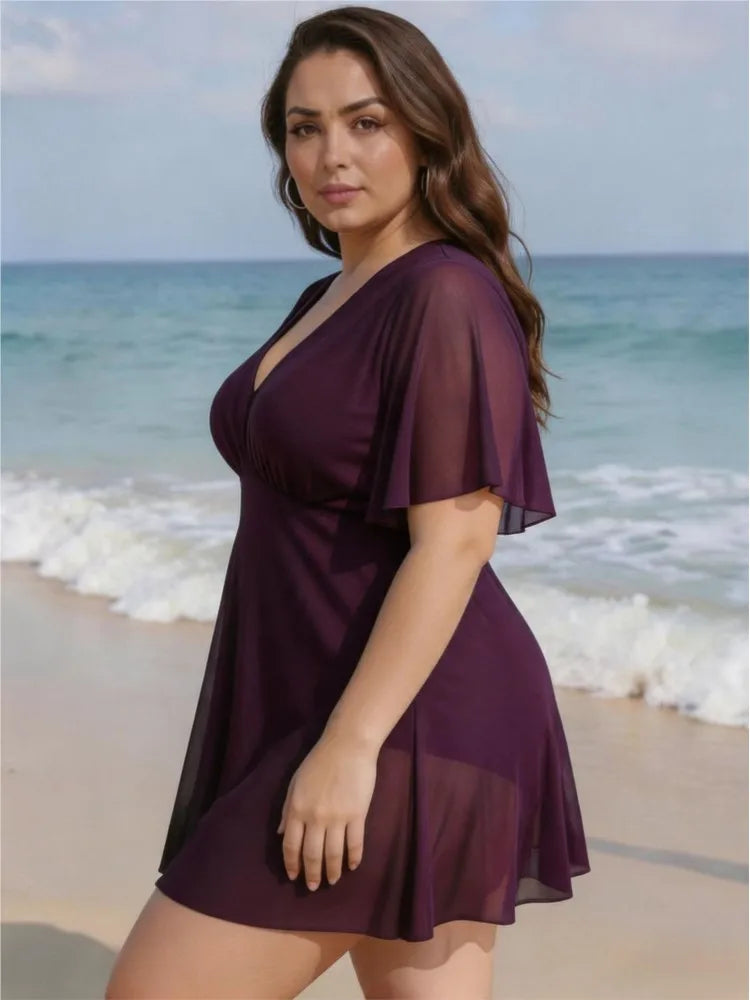 Women's Flutter Sleeve V Neck Skirted Swimdress Bathing Suit