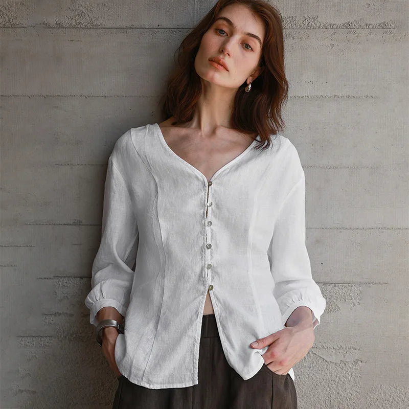 Women's Linen V-Neck Button-Up Shirt with Three-Quarter Sleeves for Casual Everyday Outfits
