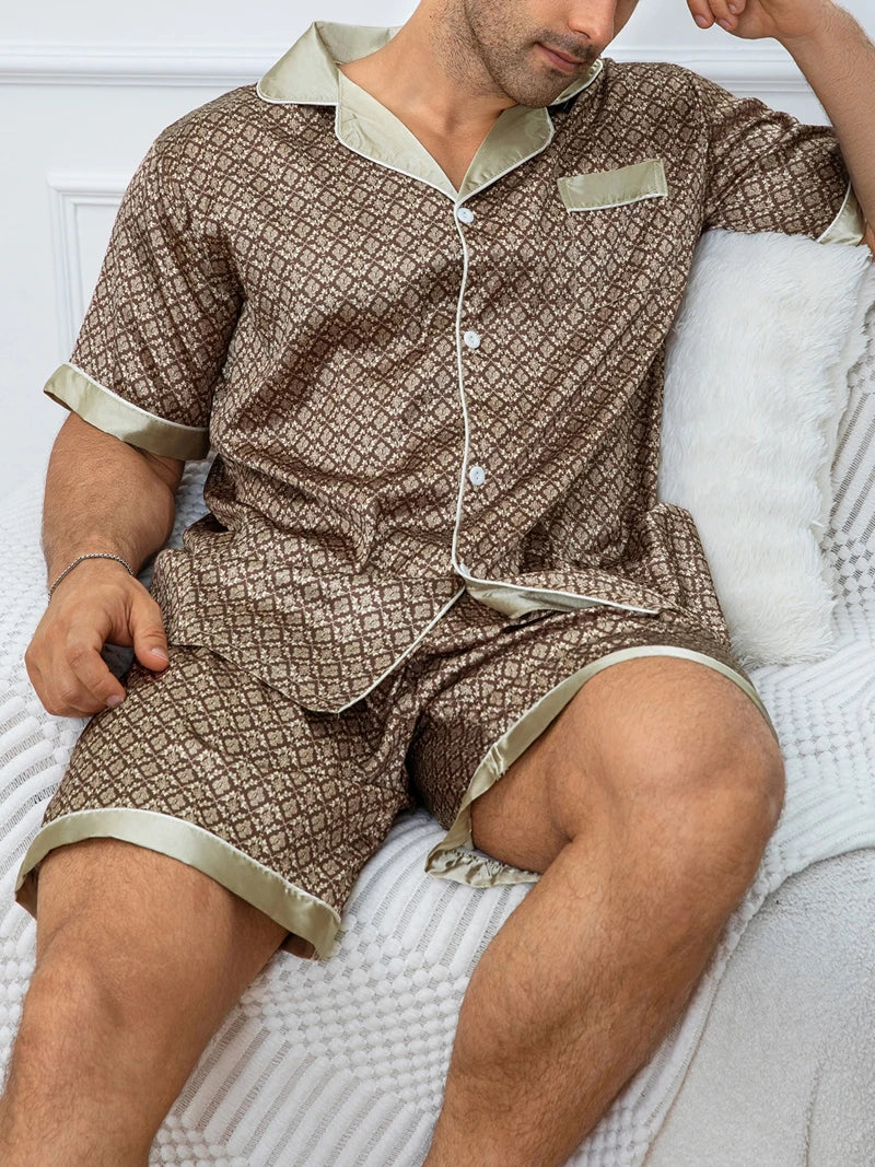 Men's Satin Look Lapel Short Sleeve Shirt and Shorts Pajama Set